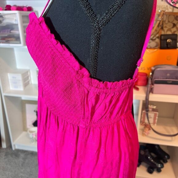 💞 Gigio fuchsia pink smocked spaghetti strap embroidered floral maxi dress small - Picture 4 of 10